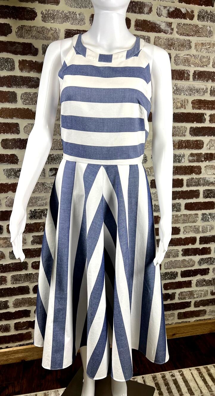 Eliza J Cotton Fit/Flare Blue/White Striped Dress Pockets Lined Women's 10
